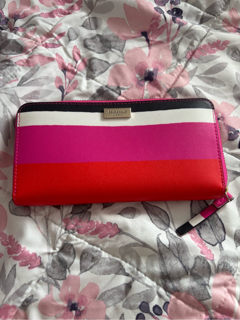 kate spade Striped Zip Wallet in Hot Pink, Fuchsia, Red & White